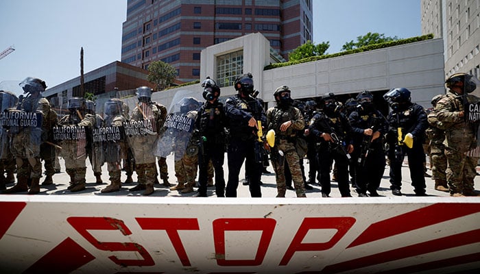 Members of the California National Guard stand guard outside the Edward R Roybal federal building, after their deployment by US President Donald Trump, in response to protests, in Los Angeles, California, US June 8, 2025. — Reuters