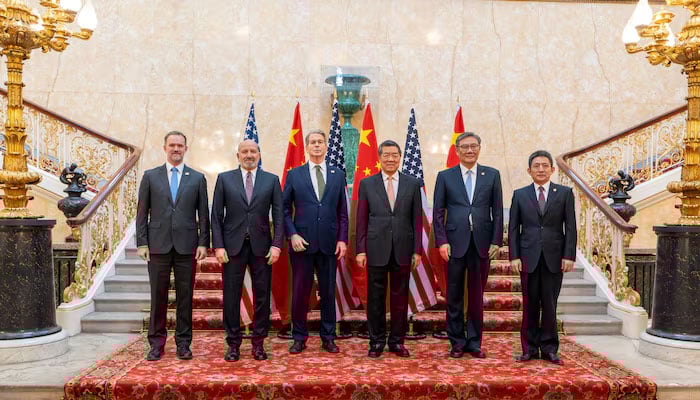 US Treasury Secretary Scott Bessent and Chinese vice premier He Lifeng pose for a photo with other senior US and Chinese officials in London, Britain on June 9, 2025. — Reuters