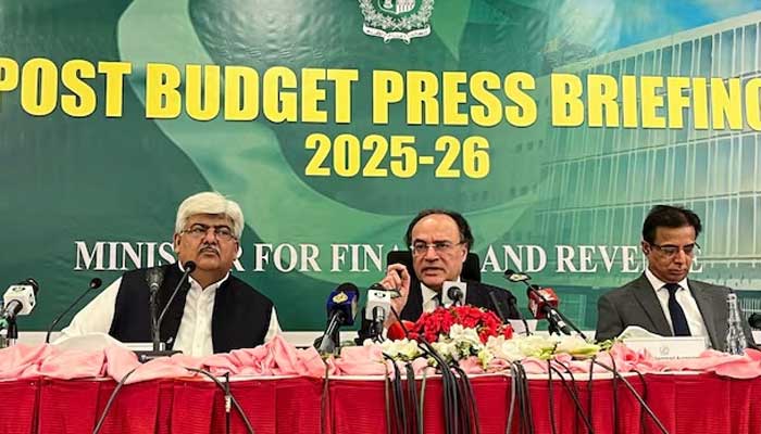Finance Minister Muhammad Aurangzeb, along with Chairman of the Federal Board of Revenue Rashid Mahmood Langrial and Secretary of Finance Imdad Ullah Bosal, addresses a post-budget press briefing in Islamabad, Pakistan, June 11, 2025. —Reuters