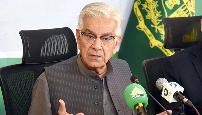 Federal Minister for Defence Khawaja Asif addressing a press conference in Islamabad on May 9, 2024. —  Online