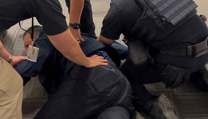 US Senator Alex Padilla (D-CA) is held down on the floor before being handcuffed by security officers after he attempted to ask a question during US Homeland Security Secretary Kristi Noems press conference, in Los Angeles, California, US, June 12, 2025, in this still image obtained from a video. — Reuters