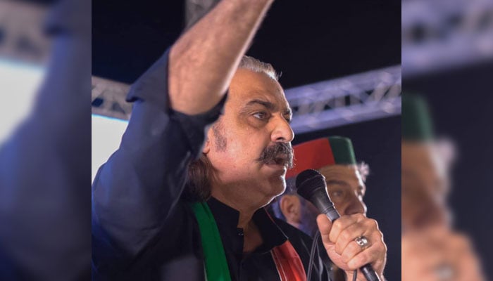 KP CM Ali Amin Gandapur speaks to a public gathering in Peshawar on June 14, 2025. — Facebook@ AliAminKhanGandapurPti
