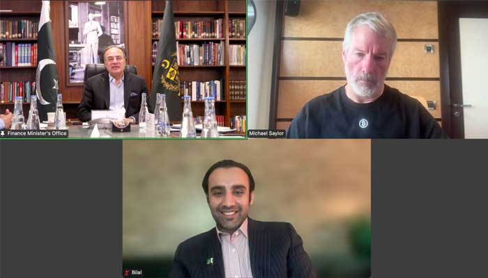 Finance Minister Muhammad Aurangzeb chairs high-level meeting with Minister of State for Crypto and Blockchain Bilal Bin Saqib and Michael Saylor, Executive Chairman of Strategy, world’s largest corporate holder of Bitcoin, June 15, 2025. — Screengrab via Video.