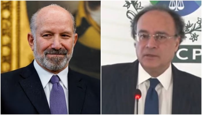 Collage shows United States Commerce Secretary Howard Lutnick (L) Finance Minister Muhammad Aurangzeb (R). — Reuters/Screengrab via Geo News