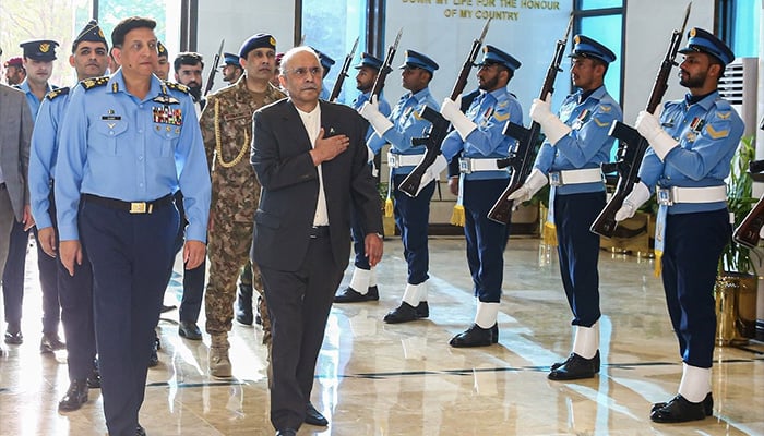 PAF contingent presents Guard of Honour to President Asif Ali Zardari at Air Headquarters, Islamabad, on June 17, 2025. — X/@MediaCellPPP