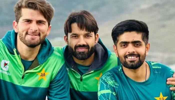 An undated picture of Pakistan cricketers Shaheen Shah Afridi (left), Mohammad Rizwan and Babar Azam (right) during a training session. — PCB