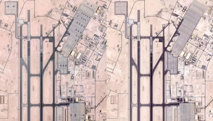 Satellite images of the Al Udeid US military base in Qatar on June 5 (L) and June 19 (R), 2025. — AFP/File