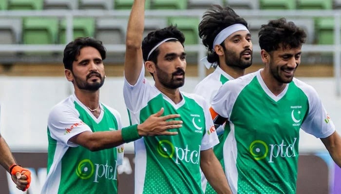 Pakistan players celebrate scoring a goal during their FIH Nations Cup Pool B match against New Zealand at the National Hockey Stadium in Kuala Lumpur on June 18, 2025. — FIH