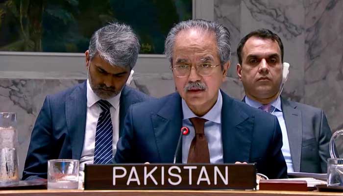 Ambassador Asim Iftikhar Ahmad, permanent representative of Pakistan to the United Nations, speaks during emergency session of United Nations Security Council, convened on Iran-Israel conflict, Geneva, June 20, 2025. —X/@PakistanUN_NY