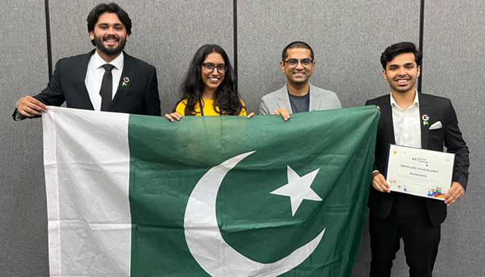 (From left to right) ISTs GeoGemma Team Lead Ahmed Iqbal, Google Singapore Community Manager Amrita Nambiar, Developer Ecosystem SAF Regional Lead Saad Hamid and ISTs Abdullah Asif pose with Pakistans national flag after winning the Best AI Use Case award at the APAC Solution Challenge in Manila, Philippines on June 26, 2025. — Institute of Space Technology website