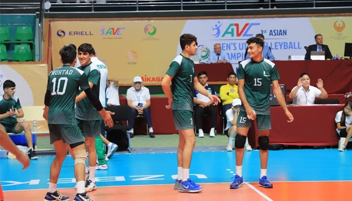 This file photo shows Pakistans under-16 volleyball players in action during a match. — Reporter