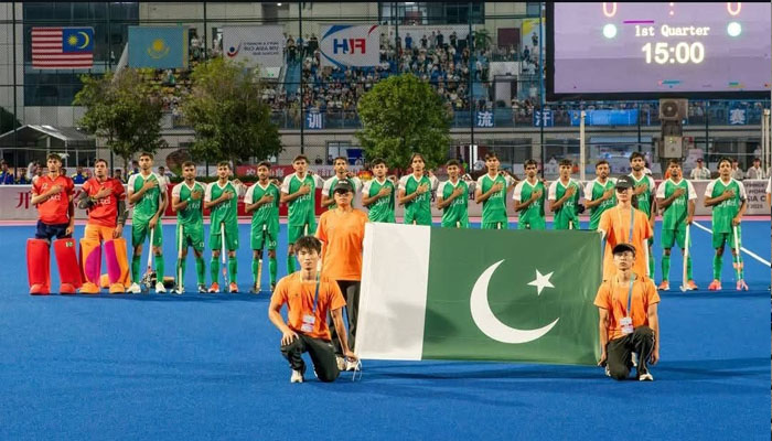 Pakistan hockey team during the national anthem ahead of their U18 Hockey Asia Cup 2025 match against Sri Lanka in Dazhou on July 6, 2025. — Reporter