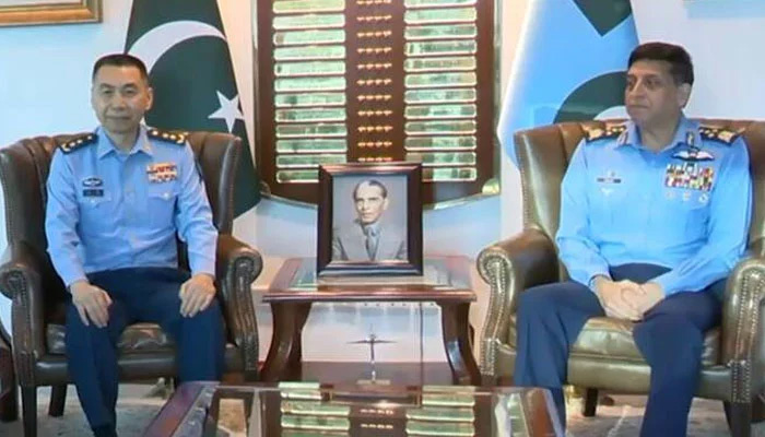 Lt Gen Wang Gang, chief of staff of the People’s Liberation Army Air Force (PLAAF), meeting with Pakistan’s Air Chief Marshal Zaheer Ahmed Baber Sidhu in Islamabad, on July 8, 2025. — PAF