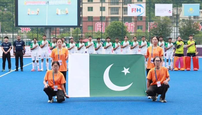 The Pakistan team sing their national anthem ahead of their Mens U18 Hockey Asia Cup 2025 match against Bangladesh at the Dazhou National Hockey Training Centre in Dazhou on July 8, 2025. — Asian Hockey Federation