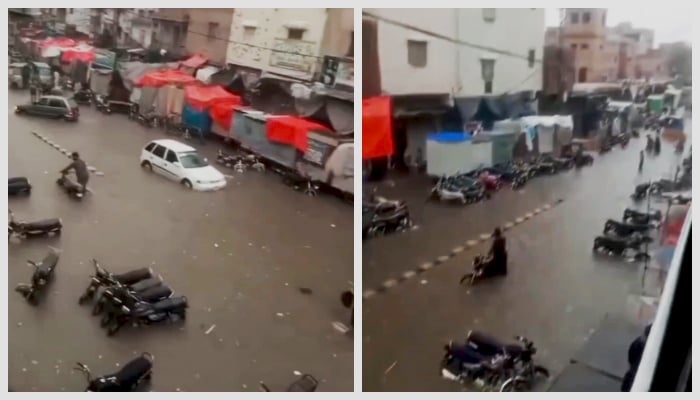 Streets in Hyderabad submgered after torrential rains lash city, July 14, 2025. — X@WeatherWupk