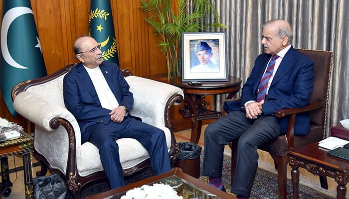 PM Shehbaz Sharif calls on President Asif Ali Zardari at Aiwan-e-Sadr on July 15, 2025. — APP