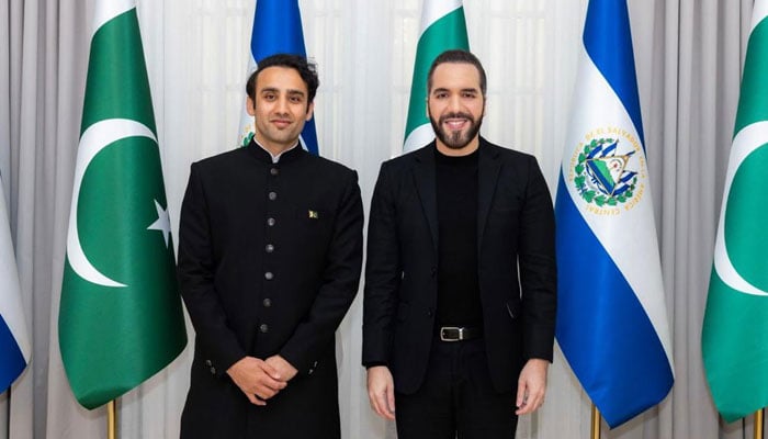 Bilal Bin Saqib (left) meets with Nayib Bukele in San Salvador, El Salvador, in this photograph released by the Pakistan Minister’s office on July 16, 2025.—Ministry of State for Crypto and Blockchain