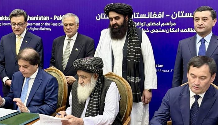 Deputy Prime Minister and Foreign Minister Ishaq Dar can be seen during the signing of a trilateral railway agreement with Uzbekistan and Afghanistan in Kabul, Afghanistan, on July 17, 2025. — X@MIshaqDar50