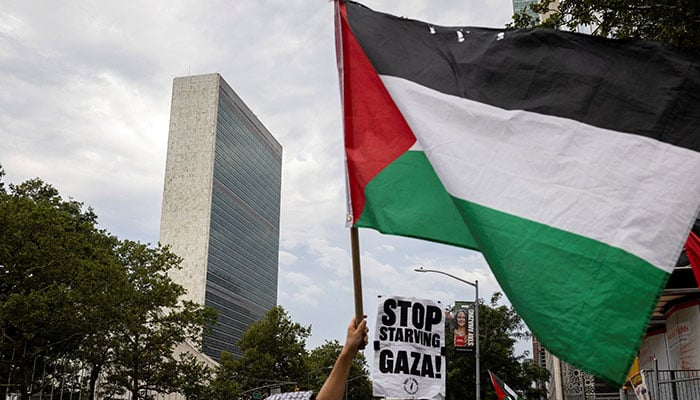People rally in front of the United Nations headquarters during a Stop Starving Gaza Now protest in New York City, US on July 25, 2025. — Reuters