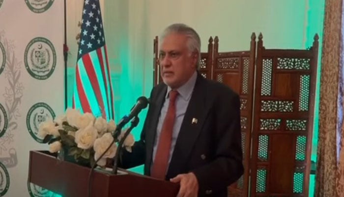 DPM and FM Ishaq Dar addresses Pakistani community during an event in New York, US on July 27, 2025. — Screengrab via Geo News