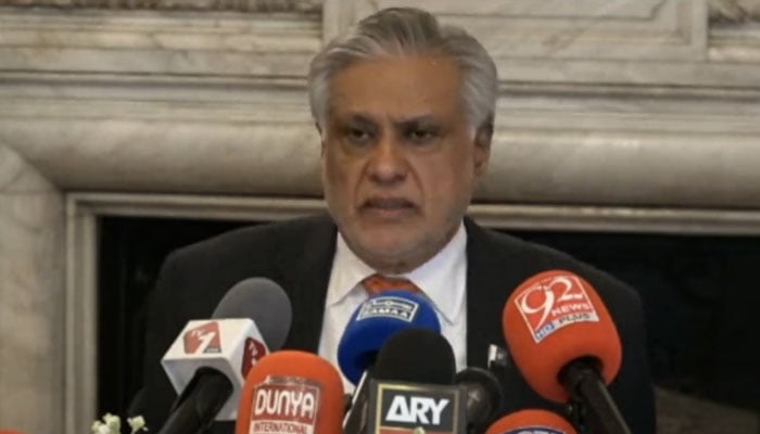 Foreign Minister and Deputy Prime Minister Ishaq Dar addresses a press conference in New York on July 29, 2025. — YouTube@Geo News/Screengrab