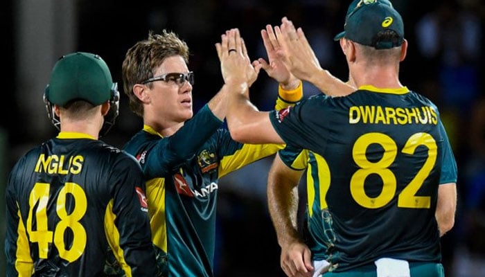 Australian players celebrate during their T20I match against West Indies. — Cricket Australia website