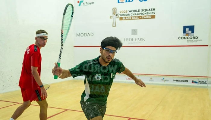 Pakistans Anas Ali Shah (right) in action during his World Junior Squash Championship mens team competition match against Polands Franciszek Michniewicz at the Black Ball in Cairo on July 29, 2025. — Reporter