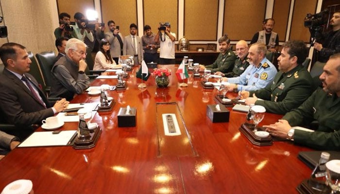 Minister for Defence of the Islamic Republic of Iran Brigadier General Aziz Nasir-Zadeh held a bilateral meeting with Minister of Defence Khawaja Muhammad Asif in Islamabad on August 02, 2025. — APP