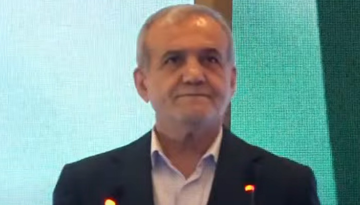 Iranian President Masoud Pezeshkian addresses the Pakistan-Iran Business Forum in Islamabad on August 3, 2025. — Screengrab via Geo News