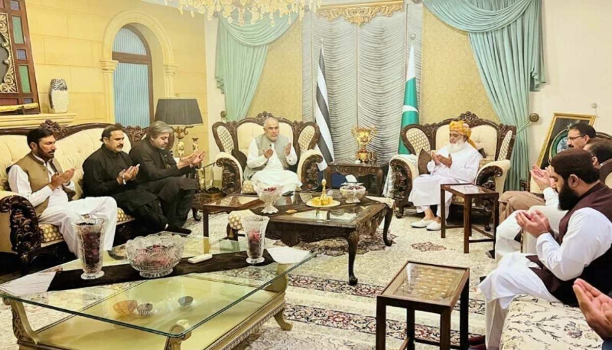 PTI leadership meets JUI-F leader Maulana Fazlur Rehman at his residence in Islamabad. — X/@juipakofficial