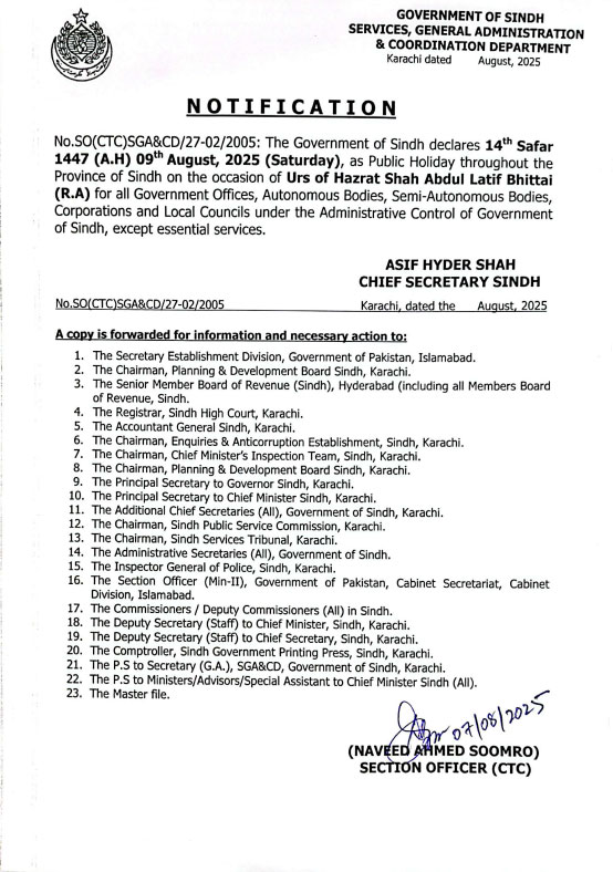 Sindh announces public holiday on August 9