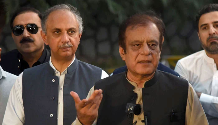 PTI leaders Omar Ayub and Shibli Faraz speak to the media at Khyber Pakhtunkhwa House in the Islamabad on May 6, 2024. — Online
