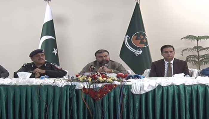 Balochistan CM Sarfraz Bugti (centre) addressing a press conference along with top officials on August 18, 2025. — Screengrab via Geo News