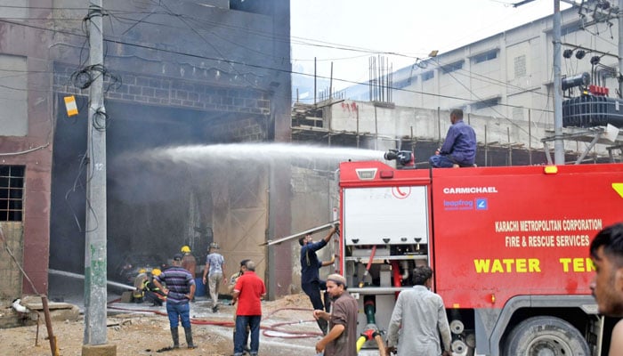 Firefighters battle a massive blaze at a factory in New Karachi on September 9, 2025. — Online