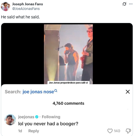 Joe Jonas reacts to viral nose backstage moment