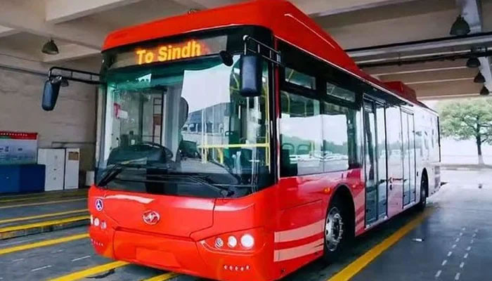 A bus from Peoples Bus Service stands parked at its terminal in Karachi. — X@pbsbrtsindh