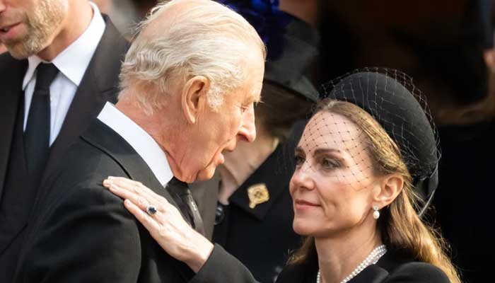 Kate Middleton curtsying to King Charles at the funeral of the Duchess of Kent