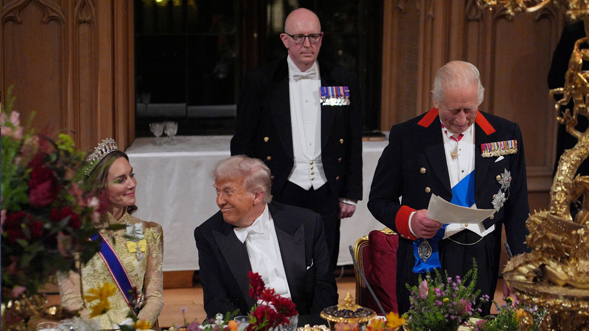 King Charles III delivers his speech as US President Donald Trump and the Princess of Wales listen during the state banquet for the US President and First Lady Melania Trump at Windsor Castle, Berkshire, on day one of their second state visit to the UK, Wednesday September 17, 2025. Yui Mok/Pool via REUTERS
