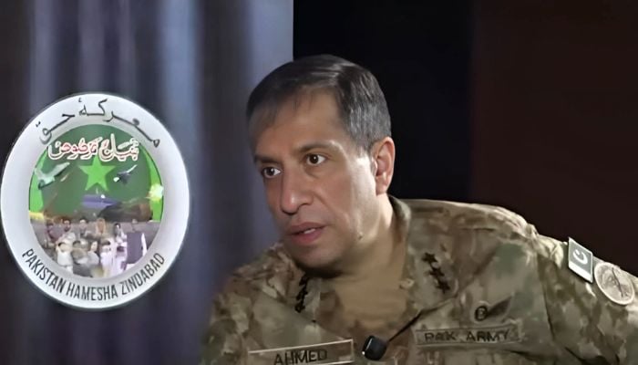 ISPR DG Lieutenant General Ahmed Sharif Chaudhry speaks during an interview with a German news outlet. — Screengrab via Geo News