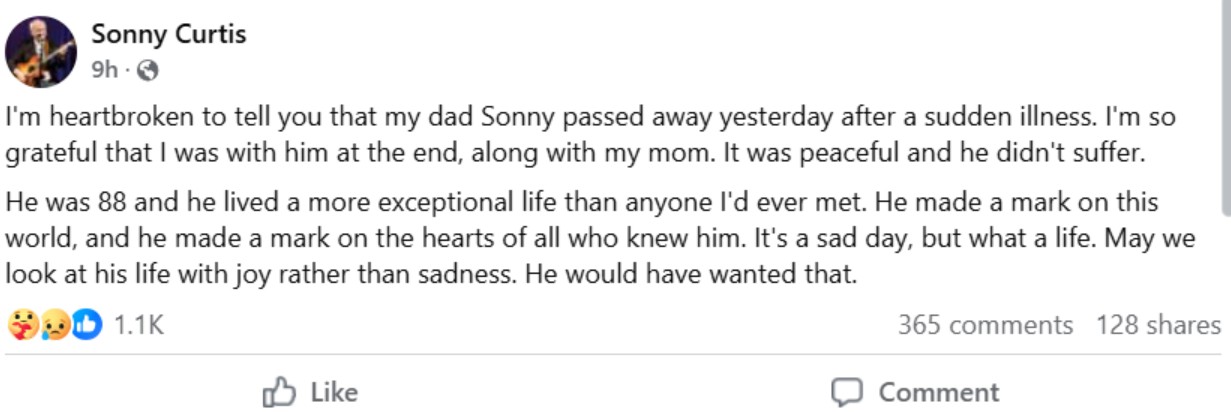 The Crickets frontman Sonny Curtis passes away on September 19, 2025