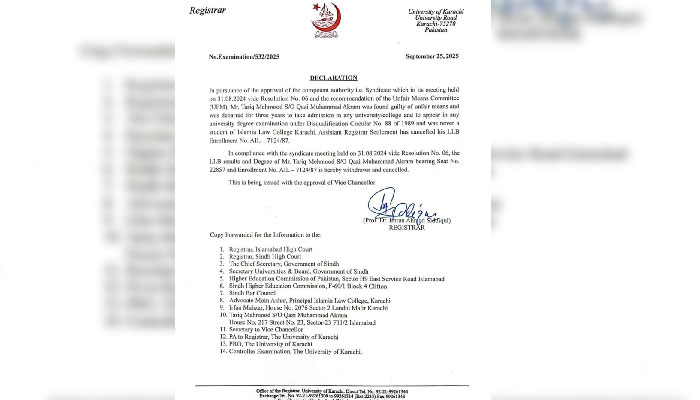 Karachi University cancels Justice Tariq Jahangiris LLB degree