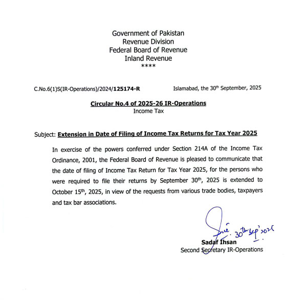 FBR extends tax return filing deadline by 15 days