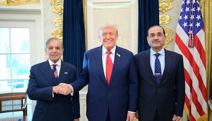 (Left to right) Prime Minister Shehbaz Sharif, US President Donald Trump, and Field Marshal Asim Munir pose for a photo at the White House in Washington, on September 25, 2025. — Screengrab via Geo News