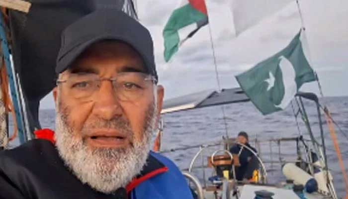 Screengrab shows former senator Mushtaq Ahmed Khan aboard the Gaza-bound vessel, part of the Global Sumud Flotilla. — X@SenatorMushtaq