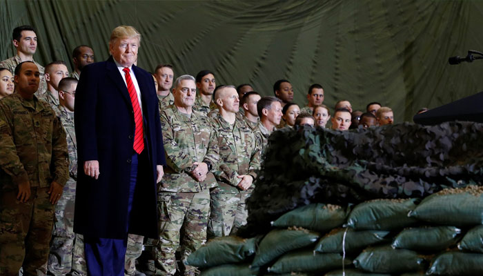 US President Donald Trump delivers remarks to US troops in an unannounced visit to Bagram Air Base, Afghanistan, November 28, 2019. — Reuters