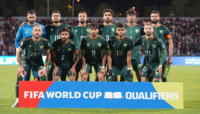 Pakistan mens football team poses for a picture ahead of their FIFA World Cup 2026 Asian Qualifiers match against Jordan at the Amman International Stadium in Amman on March 27, 2024. — PFF