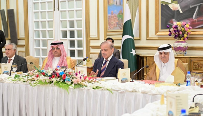 PM Shehbaz Sharif speaks at an event to host high-level Saudi business delegation in Karachi on October 8, 2025. — X@GovtofPakistan