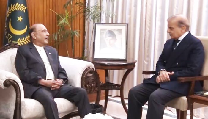 Prime Minister Shehbaz Sharif (right) meets President Asif Ali Zardari in Islamabad, on October 15, 2025. — President’s Secretariat