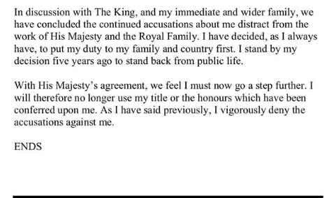 Screenshot of Prince Andrews statement issued by the palace on October 17