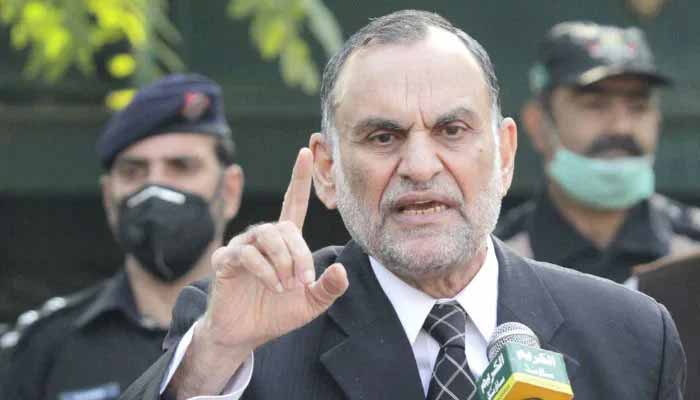 This undated image shows Azam Khan Swati addressing a press conference. — PID/File